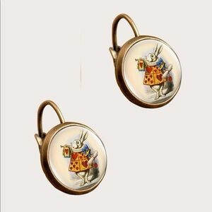 Alice In Wonderland White Rabbit graphic hanging earrings NWT